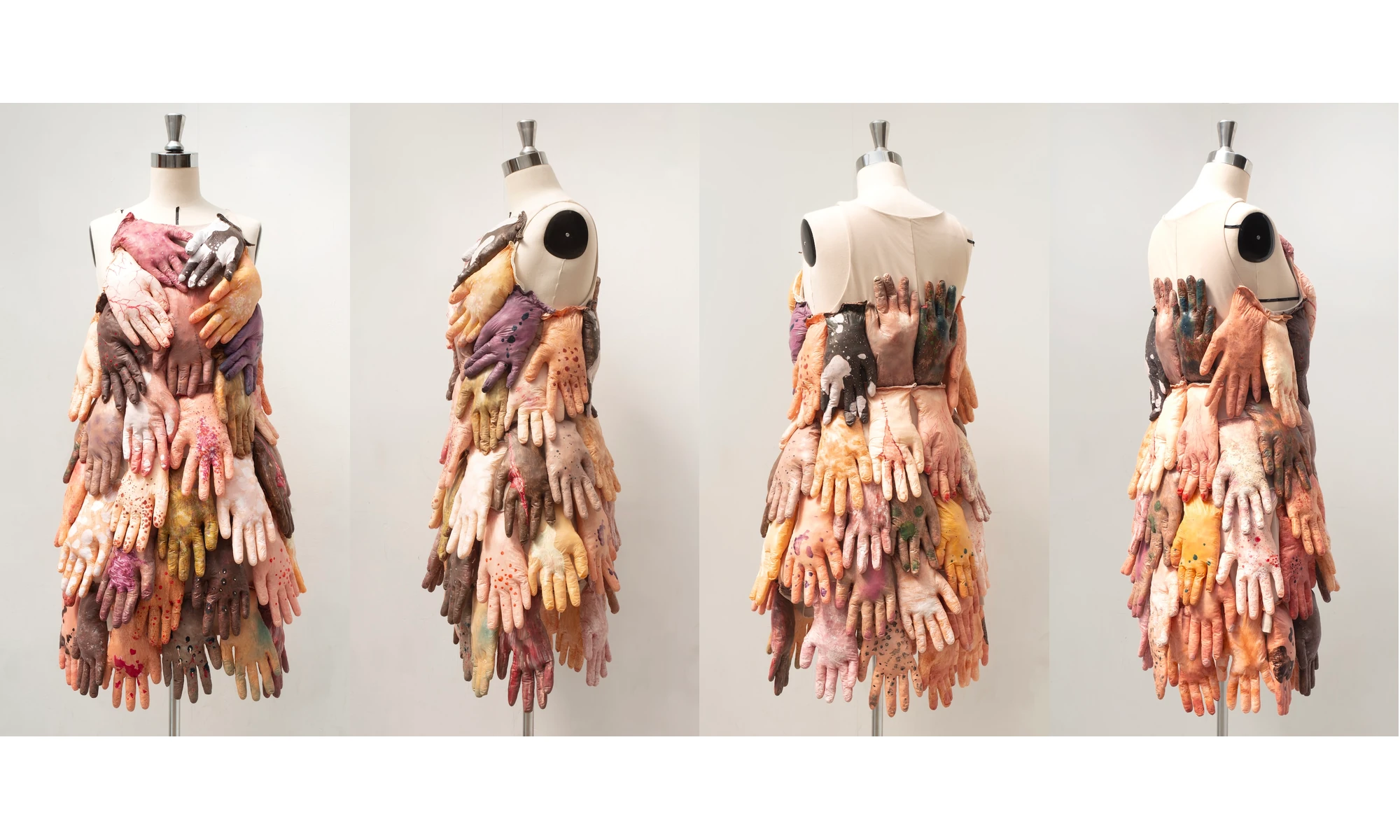A dress covered in painted latex gloves on a mannequin, seen from four sides