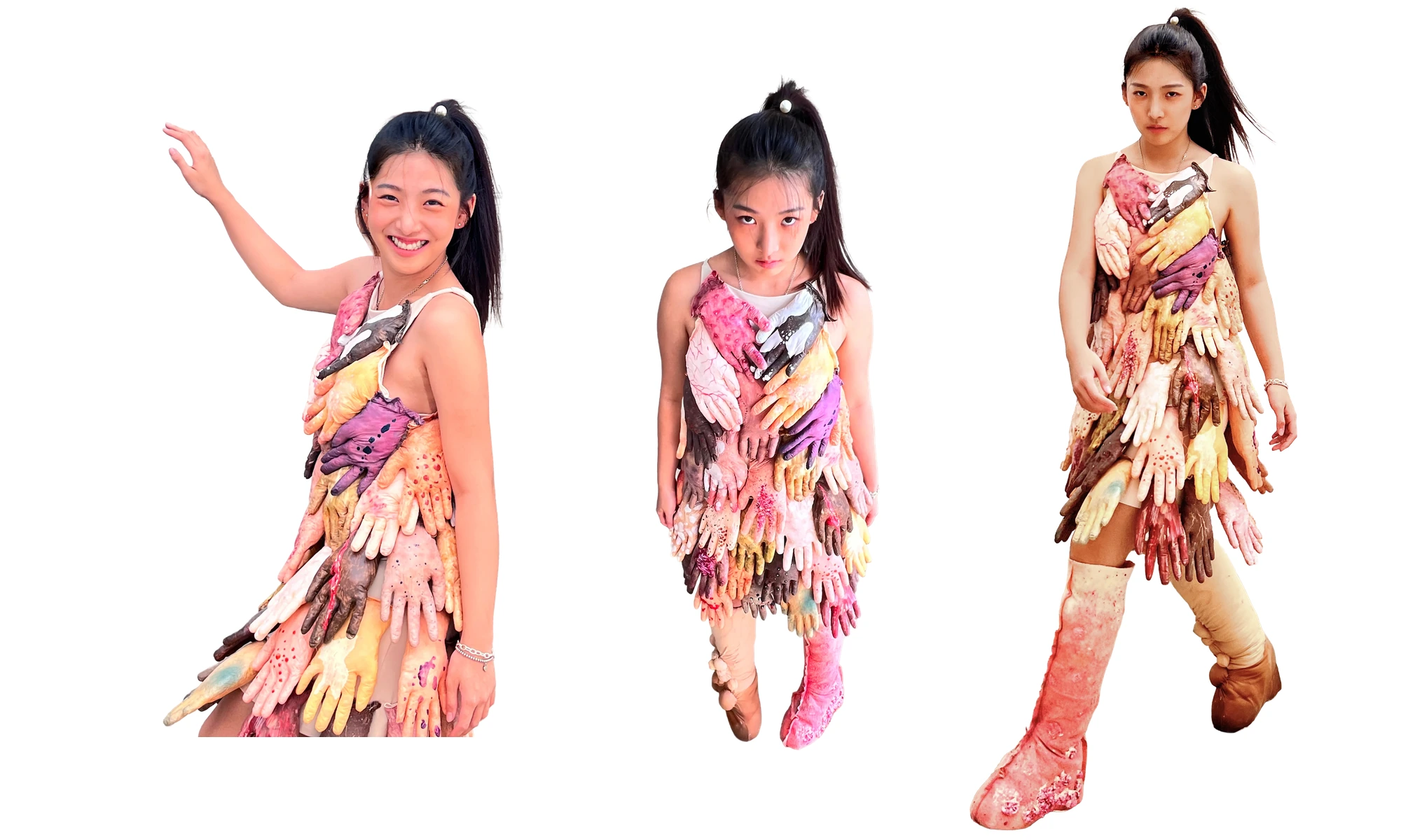 IO wearing the glove dress in three poses
