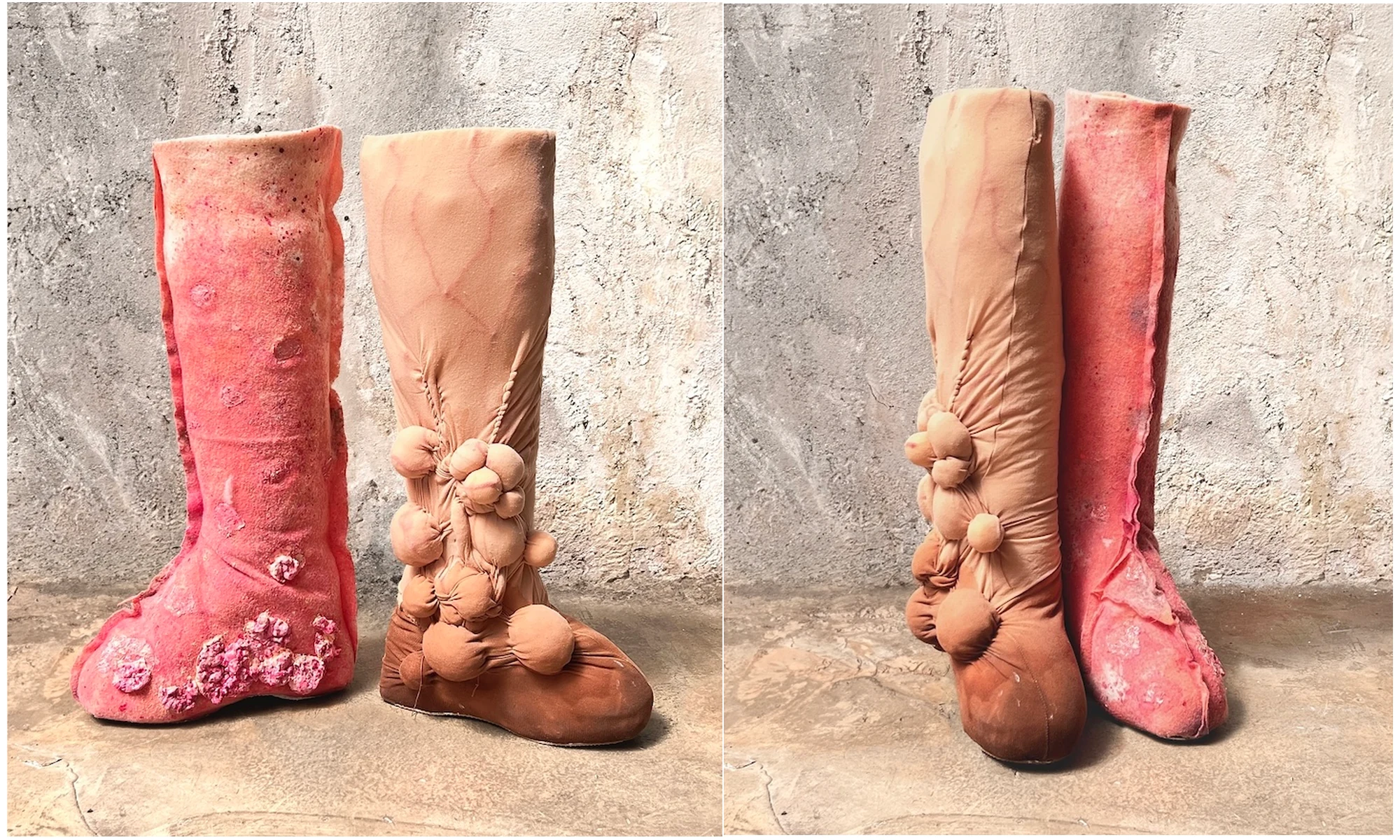 A pair of padded skin-toned boots against a concrete wall, front and back