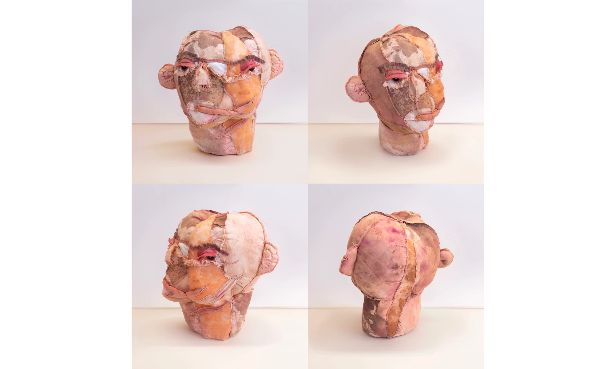 A patchwork fabric head seen from four angles