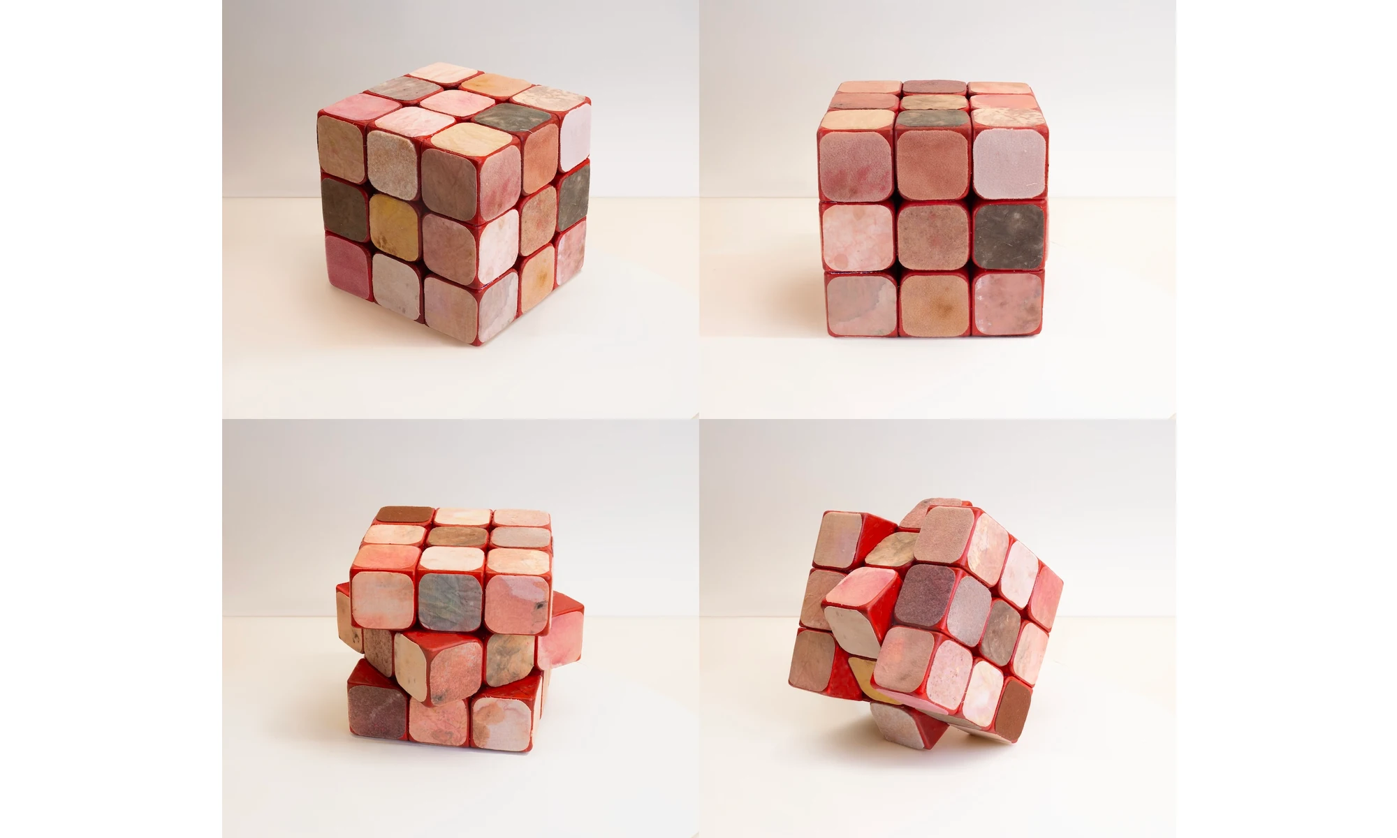 A Rubik's Cube covered in skin-toned fabric, seen from four angles