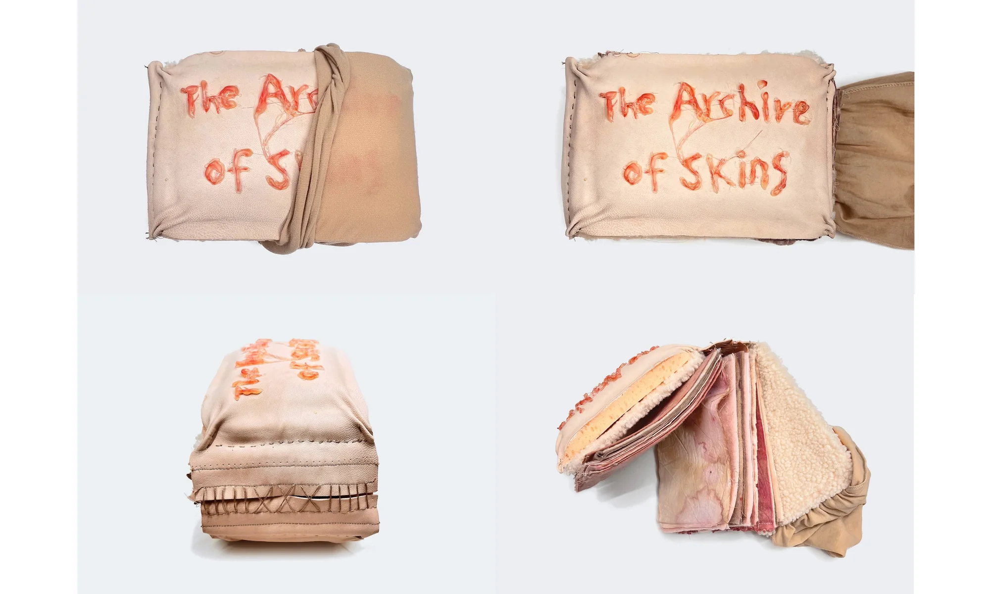 A fabric book stitched with the words The Archive of Skins, closed and open