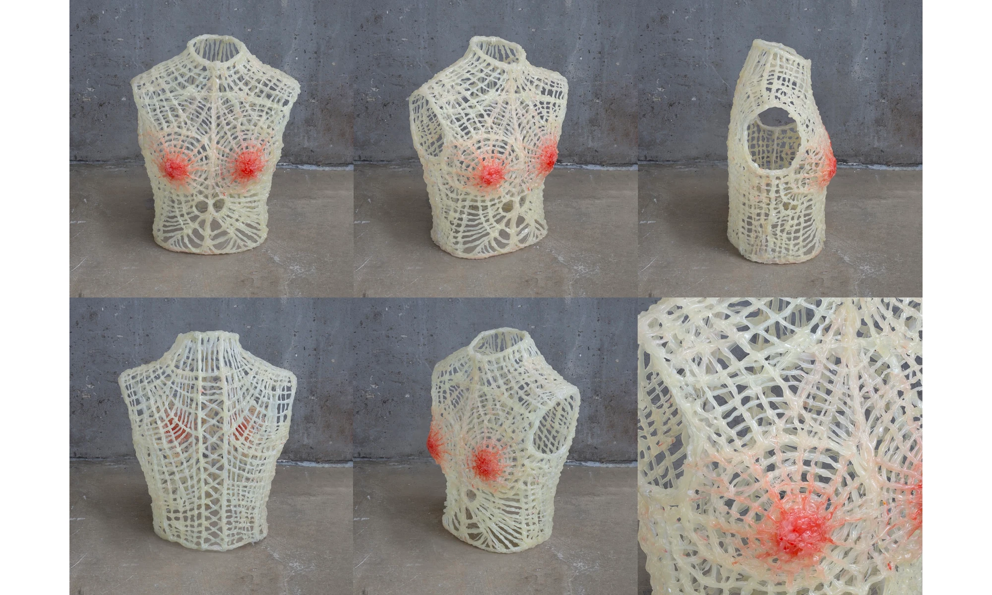 A lace-like hot-glue torso with red marks, seen from six angles