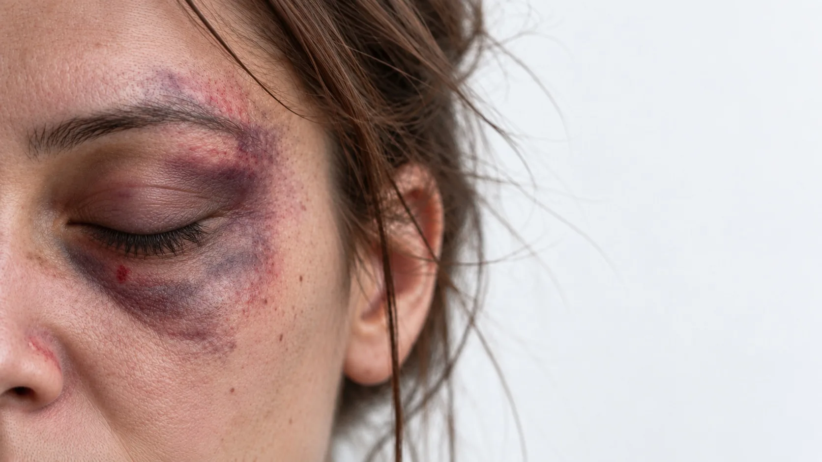 Close-up of a woman's face with a bruise around her closed eye