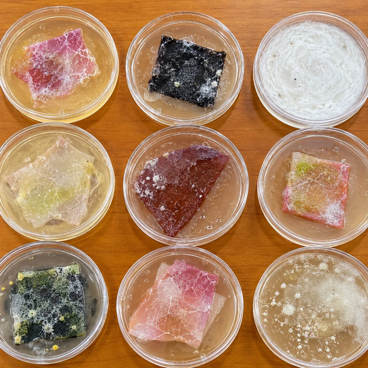 Bacterial cellulose patch samples in petri dishes