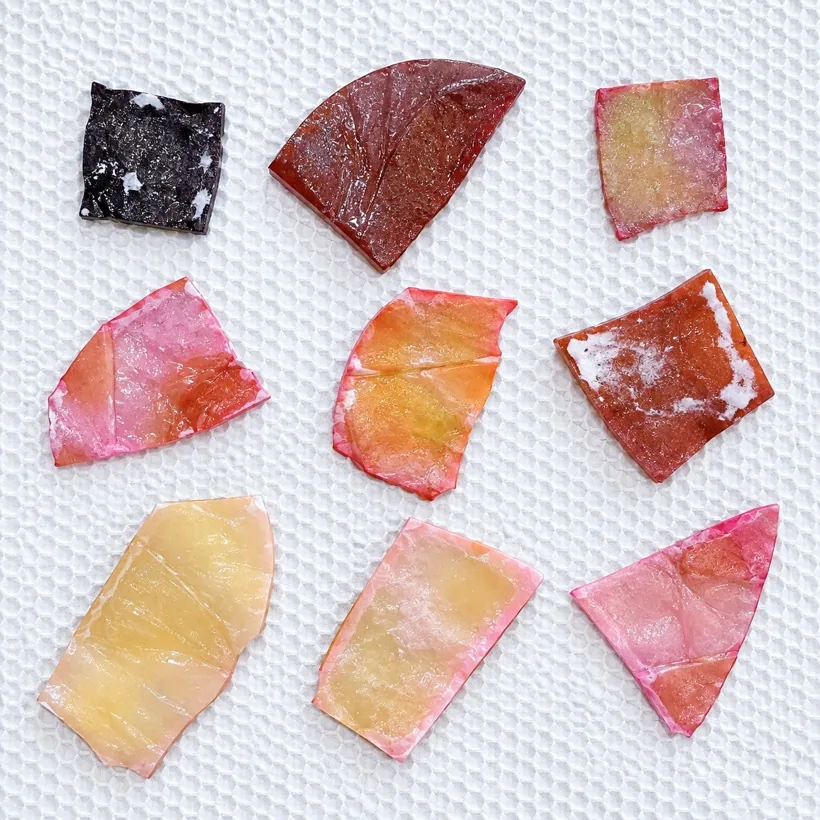 Dried bacterial cellulose patch samples in a range of colors