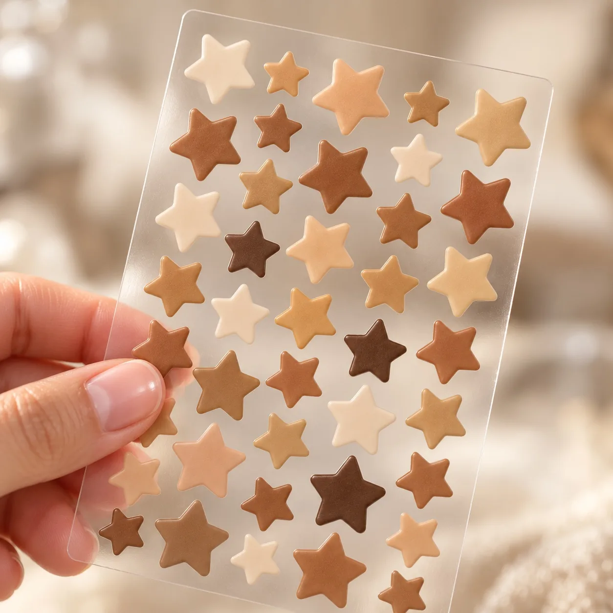 A hand holding a sheet of star-shaped skin-tone patches